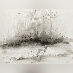 Original Pronghorn Art Painting Foggy Forest Wildlife cattail western landscape